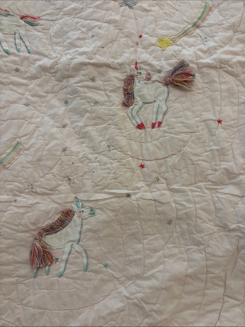 Pottery barn kids  Pink Unicorn Embroidered Quilt - Pastel Rainbow Bedding